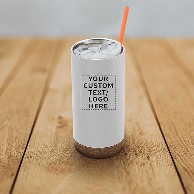 DISCOUNT PROMOS Custom Tumblers Cork Bottom 16 oz Set of 10/50/100 Personalized Bulk Pack Double Wall Insulated Matte Finish Iced Coffee Soda - White