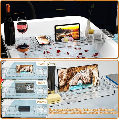 Yieach Luxury Tub Tray for Bathtub Expandable,Clear Bath Shelf Over Tub and Acrylic Bathtub Tray,Plastic Bath Board & Table,Bath Caddy Tray & Accessories for Mothers,Mom and Women Relaxing Spa Gifts