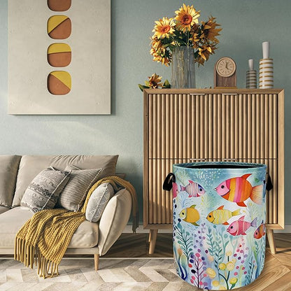 Watercolor Fish Laundry Basket Foldable With Handles Cute Fishes Tote Bag Oxford Cloth Colorful Laundry Hamper Clothes Storage Bucket Toy Organizer For Bathroom/Laundry/Bedroom 18.9"x16.5 "