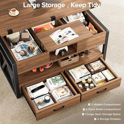 Memobarco 40" Lift Top Coffee Table,4 in 1 Multi-Function Lift Coffee Tables with Storage Drawers and Hidden Compartmen,Farmhouse Coffee Table with Lifting top for Living Room, Walnut