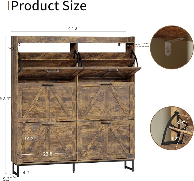 Shoe Cabinet with 6 Flip Drawers, Freestanding Hidden Shoe Storage Organizer for Entryway, Narrow Slim Shoe Rack Cabinet with Open Storage & Hooks for Front Door Entrance, Living Room, Hallway, Brown