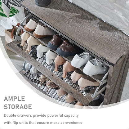 JXQTLINGMU Shoe Cabinet with 2 Flip Drawers, Farmhouse Shoe Storage Cabinet with Mesh Doors and Adjustable Shelves, Rustic Wooden Shoe Organizer, Small Shoe Cabinet Storage for Entryway, Grey