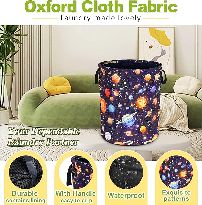 Planet Laundry Basket Funny Space Galaxy Foldable Waterproof Oxford Cloth Tote Bag Laundry Hamper Round Large Clothes Storage Bucket Toy Organizer For Bathroom/Laundry Storage/Bedroom 18.9x16.5 Inch