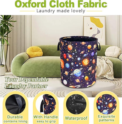 Planet Laundry Basket Funny Space Galaxy Foldable Waterproof Oxford Cloth Tote Bag Laundry Hamper Round Large Clothes Storage Bucket Toy Organizer For Bathroom/Laundry Storage/Bedroom 18.9x16.5 Inch