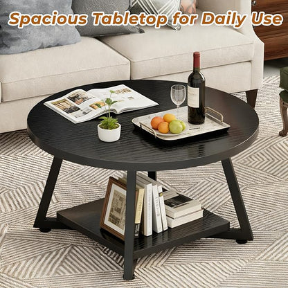Round Coffee Table for Living Room, 27.6“ Circle Coffee Table, 2-Tier Industrial Coffee Tables with Storage, Wood Coffee Table, Modern Accent Table for Apartment, Office, Small Space, Black