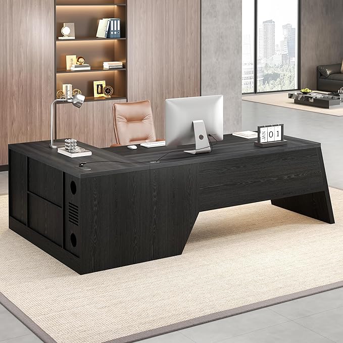 78 Inch L Shape Executive Desk, Large Modern Home Office Desk with Drawer and Cord Hold Management, Wooden Business Furniture for CEO Boss Manager, Black Gray