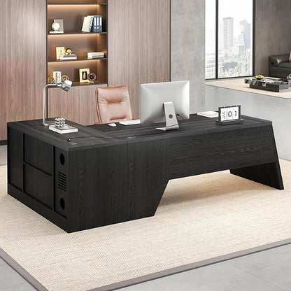 78 Inch L Shape Executive Desk, Large Modern Home Office Desk with Drawer and Cord Hold Management, Wooden Business Furniture for CEO Boss Manager, Black Gray