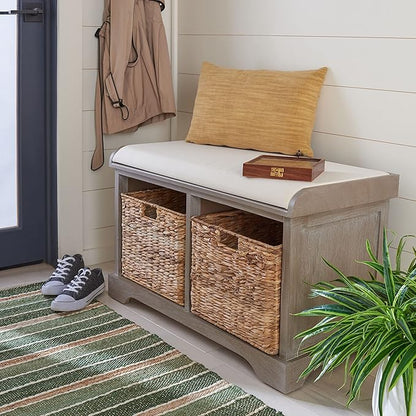 SAFAVIEH Home Collection – Freddy White Wash Storage Bench with Wicker Baskets & Cushion, Entryway Seating Bench, Fully Assembled (AMH5736G)