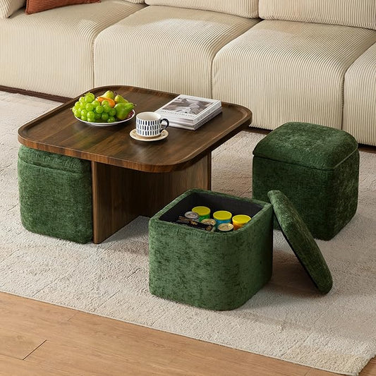 Square Coffee Table with Stools Underneath, Wood Ottoman Coffee Tables with 4 Chenille Storage Ottomans & Seats, Mid-Century Modern Coffee Table with Chairs for Living Room, Small Space, Walnut&Green