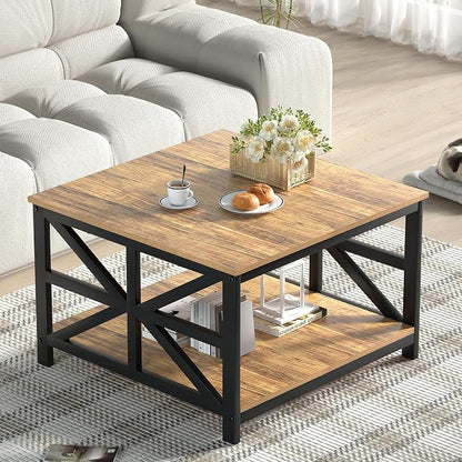 GreenForest Modern Living Room Coffee Table with 2 Tier Storage, Small Square Wood and Metal Farmhouse Center Table with Seamless One-Piece Tabletop, 27.55 Inch, Walnut
