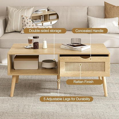 ZttRiee Coffee Table with Storage, Boho Dining Table with Rattan Drawer and Solid Wood Legs, Small Coffee Tables for Living Room, Oak