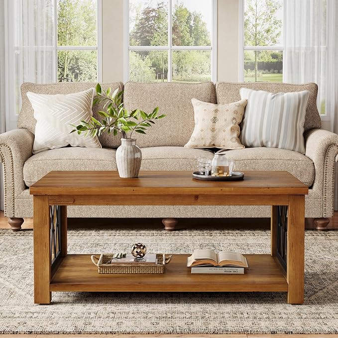 47.2" Solid Wood Coffee Table, Farmhouse Rectangular Center Table, 2-Tier Low Cocktail Tea Table, Rhomboid Metal Frame, Easy Assembly, for Living Room, Bedroom, Balcony & Office