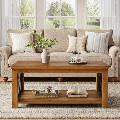 47.2" Solid Wood Coffee Table, Farmhouse Rectangular Center Table, 2-Tier Low Cocktail Tea Table, Rhomboid Metal Frame, Easy Assembly, for Living Room, Bedroom, Balcony & Office
