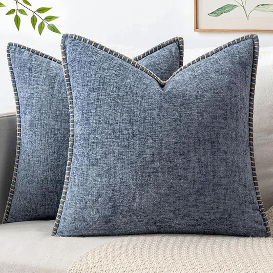 MIULEE Pack of 2 Couch Throw Pillow Covers 20x20 Inch Dark Grey Blue Farmhouse Decorative Pillow Covers with Stitched Edge Soft Chenille Solid Dyed Pillow Covers for Sofa Bed Living Room