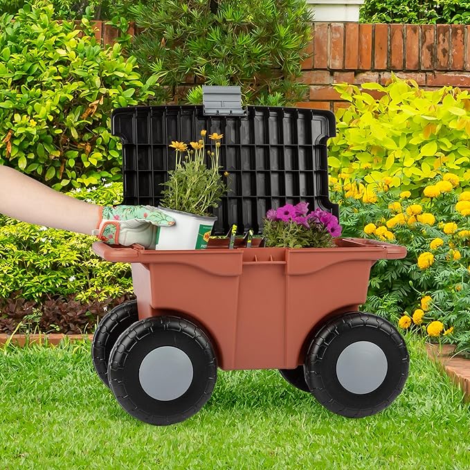 Pure Garden Rolling Garden Cart with Seat - Plastic Storage with Bench and Tool Tray - Gardening Stool for Weeding or Planting (Terracotta)