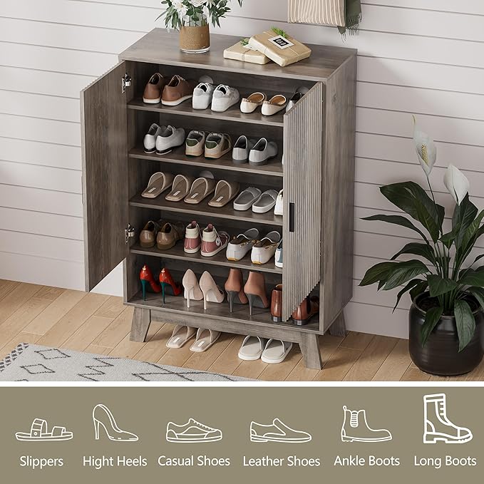 Shoe Cabinet Storage for Entryway, 5 Tier Fluted Shoe Storage Cabinet with Wooden Legs, Narrow Hidden Shoe Organizer with Adjustable Shelves, Freestanding Shoe Rack for Entryway, Hallway, Grey