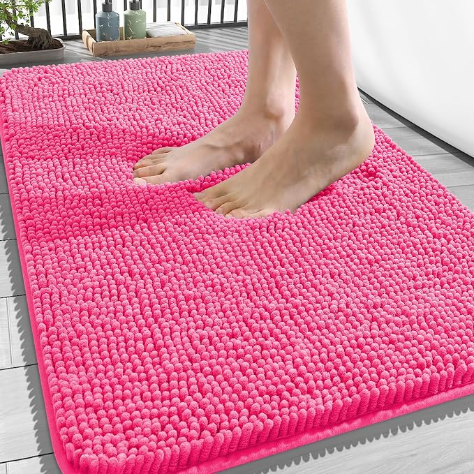 OLANLY Bathroom Rugs 34x21, Extra Soft Absorbent Chenille Bath Rugs, Rubber Backing Quick Dry, Machine Washable Bath Mats for Bathroom Floor, Tub and Shower, Home Decor Accessories, Hot Pink