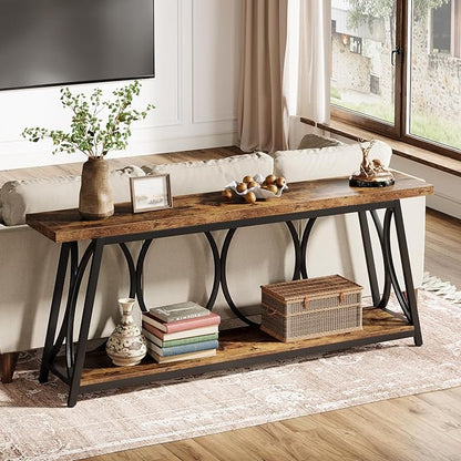 Tribesigns 71-Inch Long Entryway Console Table, 2 Tiers Industrial Narrow Sofa Table Behind The Couch with Storage Shelf and Metal Frame for Living Room, Entrance, Hallway, Brown & Black