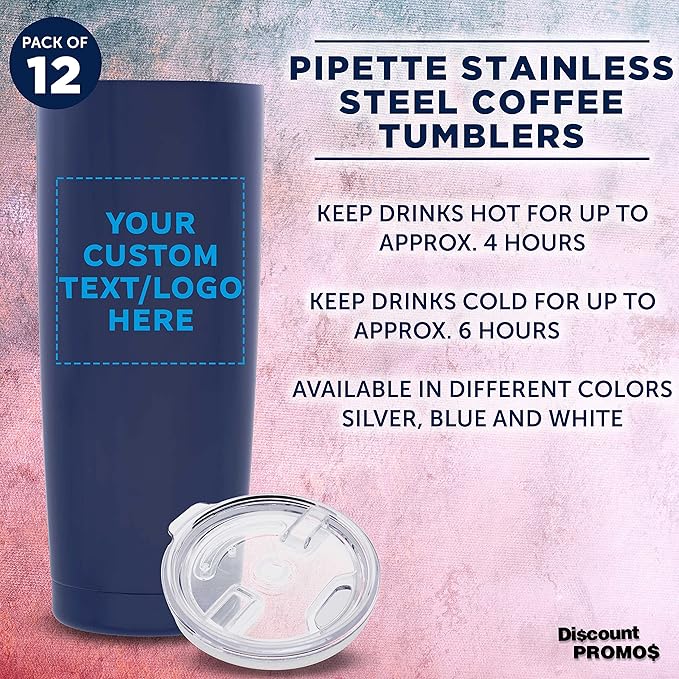 Custom Pipette Stainless Steel Coffee Tumblers 20 oz. Set of 12, Personalized Bulk Pack - Double Wall, Perfect for Coffee, Hot Cocoa, Other Hot & Cold Beverages - Blue