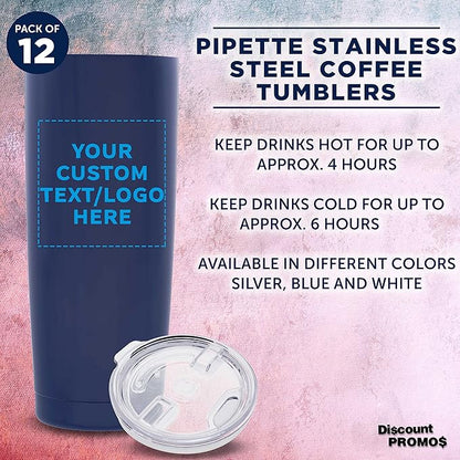 Custom Pipette Stainless Steel Coffee Tumblers 20 oz. Set of 12, Personalized Bulk Pack - Double Wall, Perfect for Coffee, Hot Cocoa, Other Hot & Cold Beverages - Blue