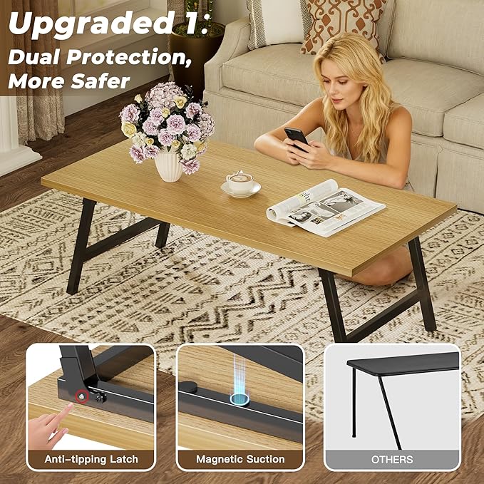 Folding Coffee Table, 39.4” Portable Floor Table Desk for Sitting on The Floor, No Assembly Low Coffee Table for Living Room, Home, Caravan and Camping, Large 39.4Lx19.7Wx15.8H, Natural