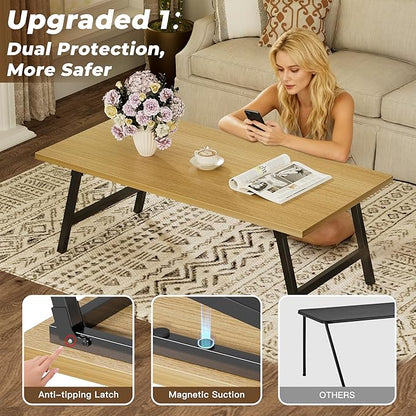 Folding Coffee Table, 39.4” Portable Floor Table Desk for Sitting on The Floor, No Assembly Low Coffee Table for Living Room, Home, Caravan and Camping, Large 39.4Lx19.7Wx15.8H, Natural
