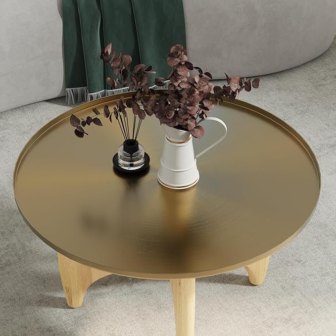 ACEDÉCOR Solid Wood Coffee Table Set with End Table, Luxurious Brushed Gold Coffee Tables 2 in 1, Nesting Coffee Table Set for Living Room Apartment