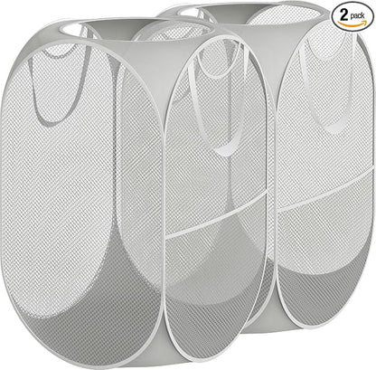Simple Houseware Mesh Pop-Up Laundry Hamper Basket With Side Pocket, Gray - 2 Pack