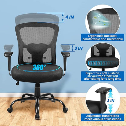 Bigroof Home Office Chair Ergonomic Mesh Desk Chair 400lbs with Adjustable Lumbar Support Arms High Back Wide Seat Task Executive Rolling Swivel Chair for Women Men, Heavy People