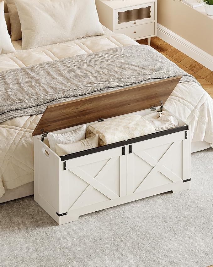 42.9" Storage Chest, Large Storage Trunk with 2 Hinges, Farmhouse Wooden Box Bench, Lift-Top Organizer Chest, Entryway Trunk for Bedroom, Living Room, White and Brown SB10914X