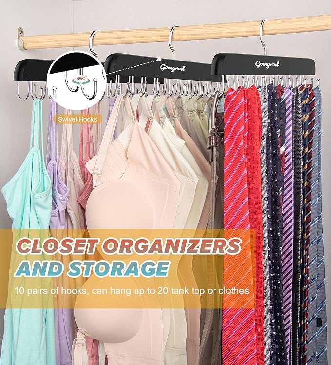Gomyrod Bra Hanger for Closet, 2 Pack Tank Top Hangers w/20 Hooks Holds 40 Bras, Capacity Foldable Wood Space Saving Hanger, 360°Rotating Closet Organizers and Storage for Dorm & Apartment（Black）