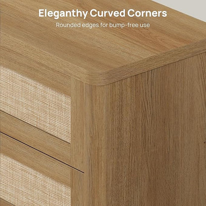 SICOTAS Rattan Night Stand Set 2, 26.8" Wide Oversized Nightstand with 3 Large Drawers, Push-Close & Kid-Safe Curved Edges, Boho Bedside Table End Table for Bedroom Sofa Side Home Office, Amber Oak