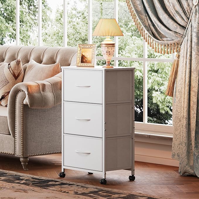 WLIVE Dresser with 3 Drawers, Fabric Nightstand, Cabinet with Wheels, Organizer Storage Dresser for Bedroom, Office, Entryway, Closets, Sturdy Steel Frame, Wood Top, Easy Pull Handle, White
