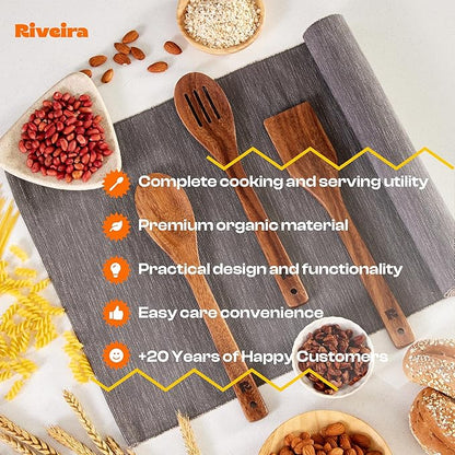 Riveira Walnut Wooden Spoons for Cooking Set of 3 – Natural Walnut Wooden Cooking Utensils, Spatula, Spoon - Premium Quality Utensil Set for Non-Toxic Cooking