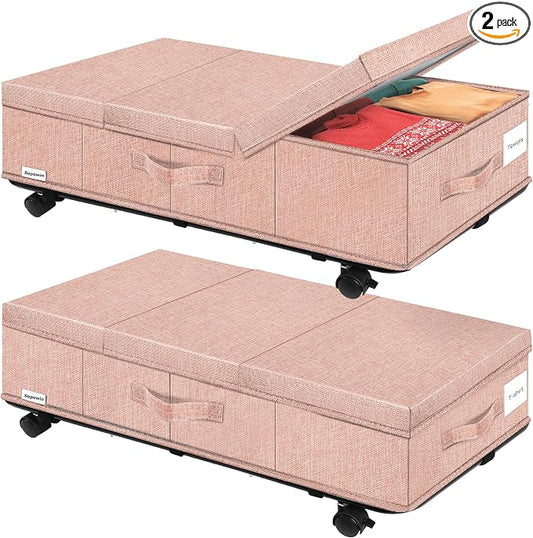 Supowin Under Bed Storage with Wheels, Rolling Underbed Storage Containers with Lids, Under Bed Shoe Storage Bins Organizer with Reinforced Metal Bottom Support and Three Handles