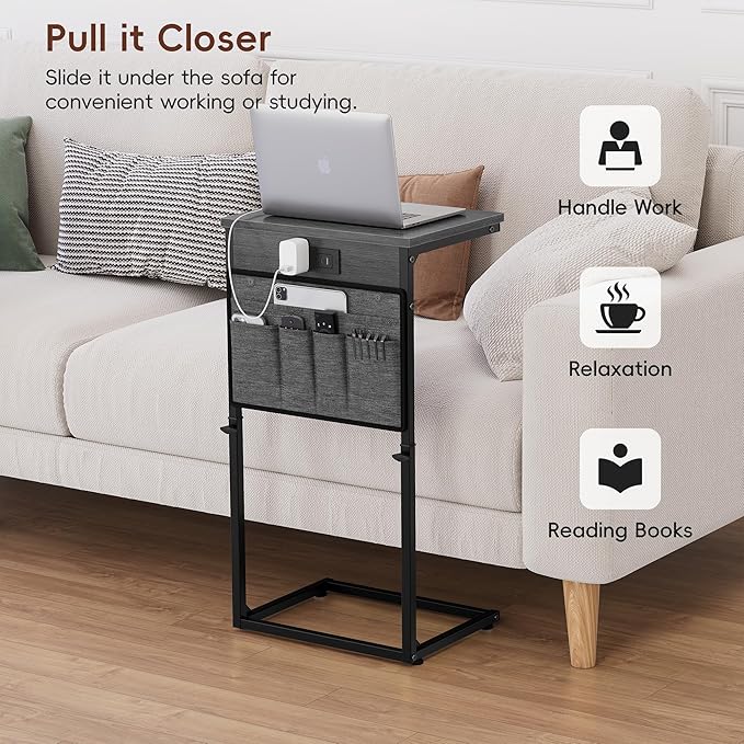 Vagusicc C-Shaped End Table Set of 2 with Charging Station, C Table End Table Adjustable Height Side Table for Couch, Slide Under Sofa Table TV Tray Tables for Living Room,Bedroom,Bedside, Gray Walnut