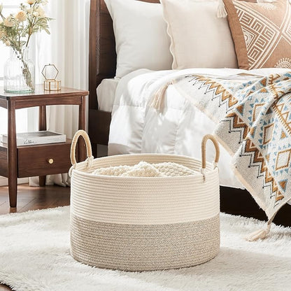 KAKAMAY Cotton Rope Storage Basket (20"x13"),Woven Hamper for Blankets,Toys,Pillows,Clothes,Laundry,Sturdy Handles Decorative Basket for Living Room, Bedroom,Nursery(Beige)