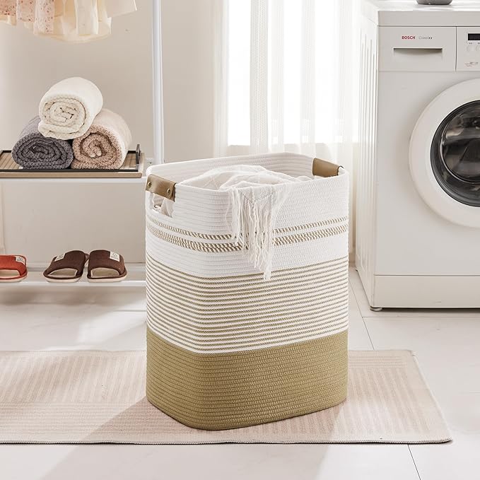 SunNewt 85L Tall Laundry Hamper with Handles for Living Room Storage, Extra Large Woven Rope Baskets Bin for Blanket, Kids Toy, Gifts, Wicker Hamper for Bedroom Dirty Clothes, 17"x14"x22" Khaki