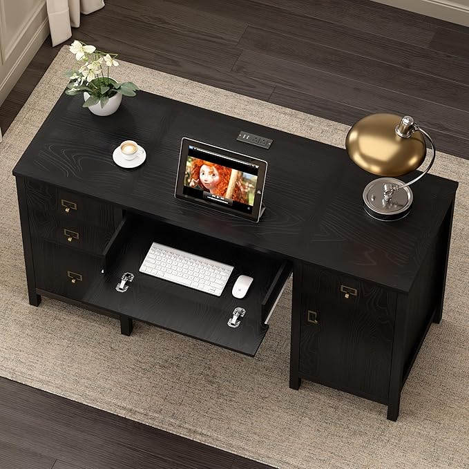 59" Executive Desk with File Drawer, Farmhouse Computer Desk with Charging Station and Storage Cabinet Wood Home Office Desk for Writing Study, Black