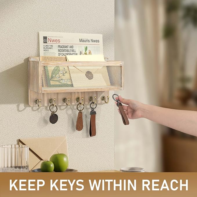 Rebee Vision Pine Wood Mail and Key Holder for Wall – Decorative Key Holder Wall Mount with Hooks & Basket for Entryway – Storage Organizer for Keys, Mail & Sunglasses (Natural)