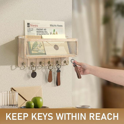 Rebee Vision Pine Wood Mail and Key Holder for Wall – Decorative Key Holder Wall Mount with Hooks & Basket for Entryway – Storage Organizer for Keys, Mail & Sunglasses (Natural)