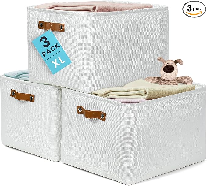 OrganiHaus 16x12.5in Canvas Storage Baskets 3 Pack | EXTRA LARGE Fabric Bins for Shelves | Linen Closet Organizer | Full Off-White