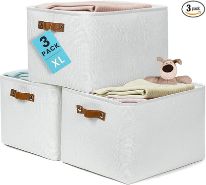 OrganiHaus 16x12.5in Canvas Storage Baskets 3 Pack | EXTRA LARGE Fabric Bins for Shelves | Linen Closet Organizer | Full Off-White