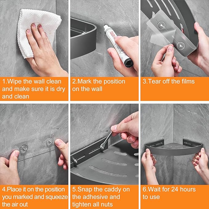 DUFU Adhesive Corner Shower Caddy with Hooks,Bathroom Shower Organizer, No Drilling Rust Proof Aluminum Shower Shelf for Inside Shower 2 Pack (Grey)
