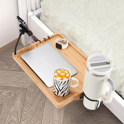 Bedside Shelf for Dorm Bed & Top Bunk, Bamboo Bed Side Table Tray with Cup Phone Holder & Hooks, Bedside Caddy, Clip on Nightstand Bedside Storage College Dorm Room Essentials (Bamboo-1)
