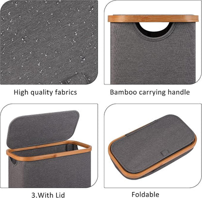 Slim Laundry Basket,60L Laundry Hamper with Lid, Tall Hamper for Laundry,Dirty Cloth Hamper with Bamboo Handle for Towels, Clothes Organizing,Grey