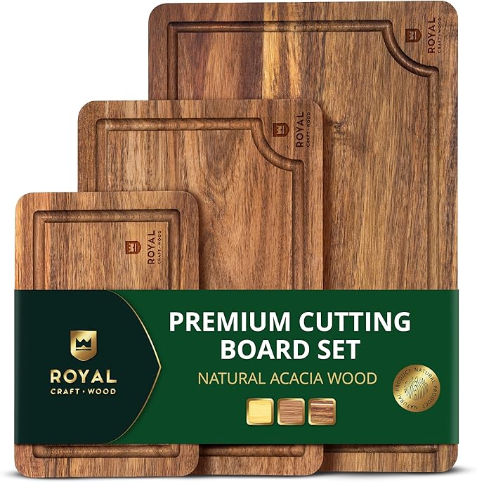 ROYAL CRAFT WOOD Wooden Cutting Boards for Kitchen Meal Prep & Serving - Bamboo Wood Serving Board Set with Deep Juice Groove Side Handles - Charcuterie & Chopping Butcher Block for Meat