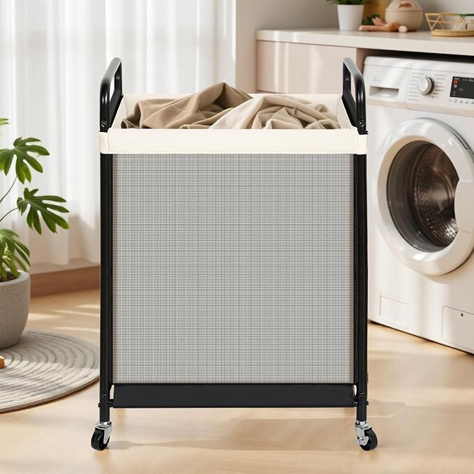 STO STO 120L Large Laundry Hamper with Wheels, Rolling Laundry Basket Cart with Removable Canvas Liner Bag, Lockable Wheels, Metal Frame, Dirty Clothes Hamper for Bedroom, Bathroom, Laundry Room