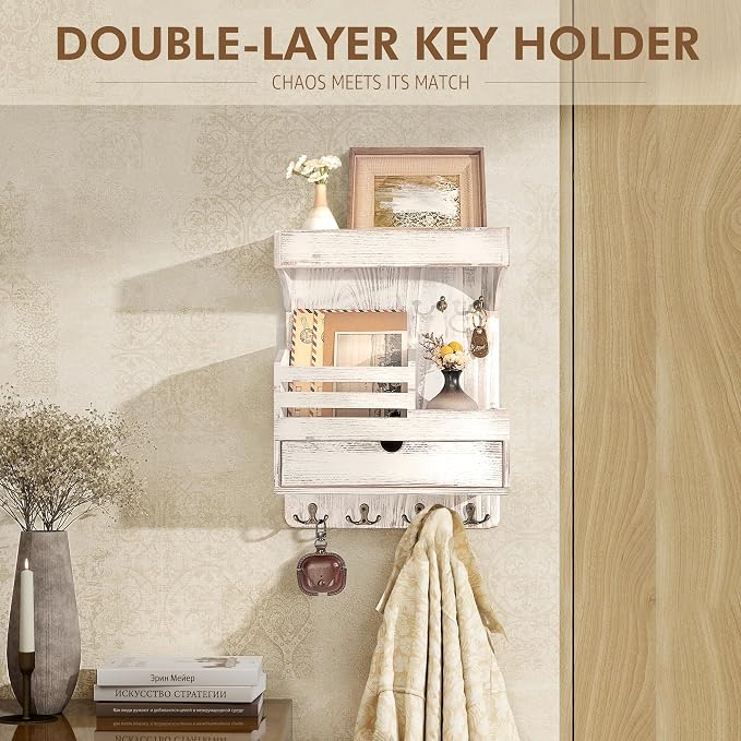 Rebee Vision Farmhouse Key Holder Wall Mount with Drawer Organizer – Pine Wooden Mail and Key Organizer for Wall with 6 Rustic Hooks & Floating Shelf – Chic Home Decor Accent (Whitewash)