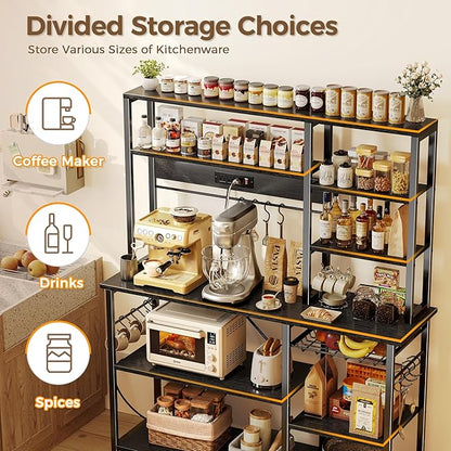 SUPERJARE Larger Bakers Rack with Power Outlets, 6-Tier Microwave Stand, Coffee Bar with 12 S-Shaped Hooks, Kitchen Shelf with Wire Basket, 47.2 x 15.5X 66.9 Inches, Black